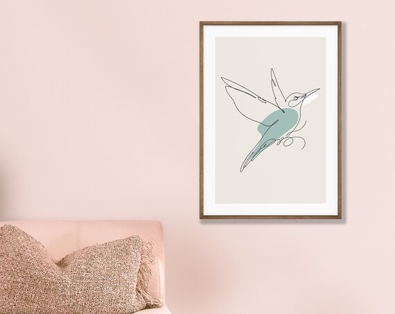 Hummingbird Line Art Poster Teal Watercolor Minimalist Bird Wall Decor