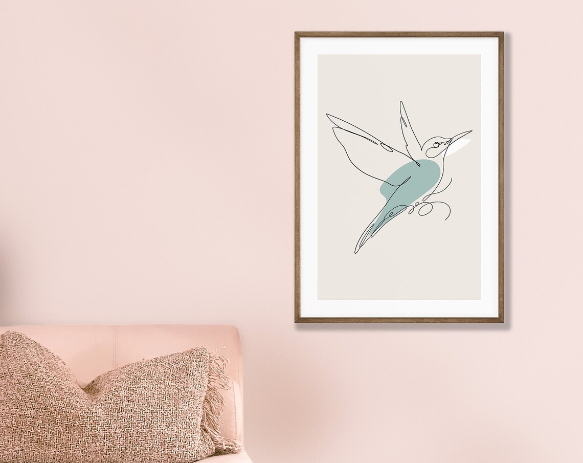 Hummingbird Line Art Poster Teal Watercolor Minimalist Bird Wall Decor