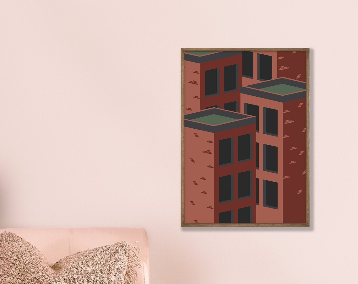 Red Brick Flat Houses Poster Modern Art Minimalist Trendy Abstract