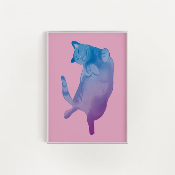 Lazy Dreamy Blue Purple Cat Lounging Pink Cute Watercolor Cat Poster
