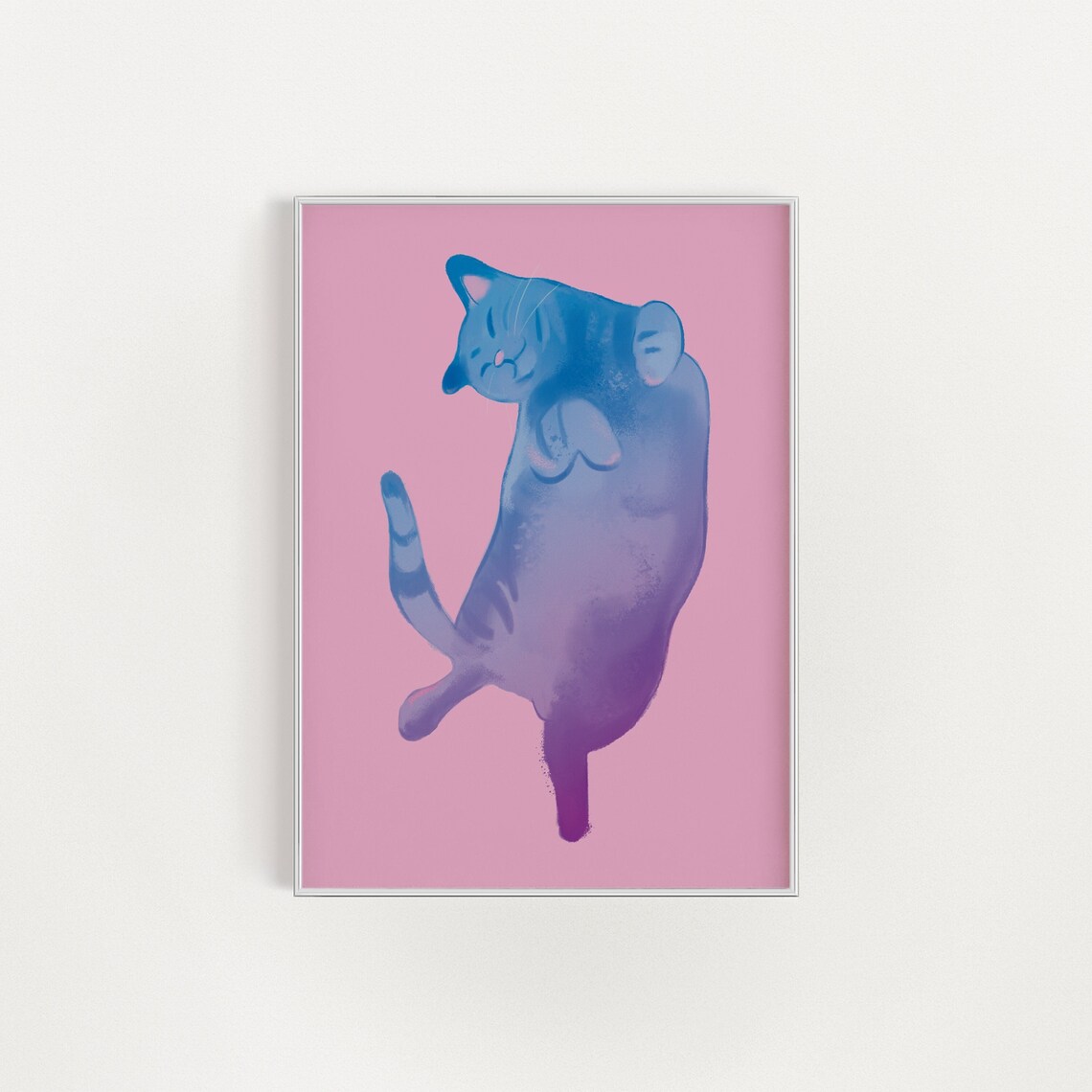 Lazy Dreamy Blue Purple Cat Lounging Pink Cute Watercolor Cat Poster