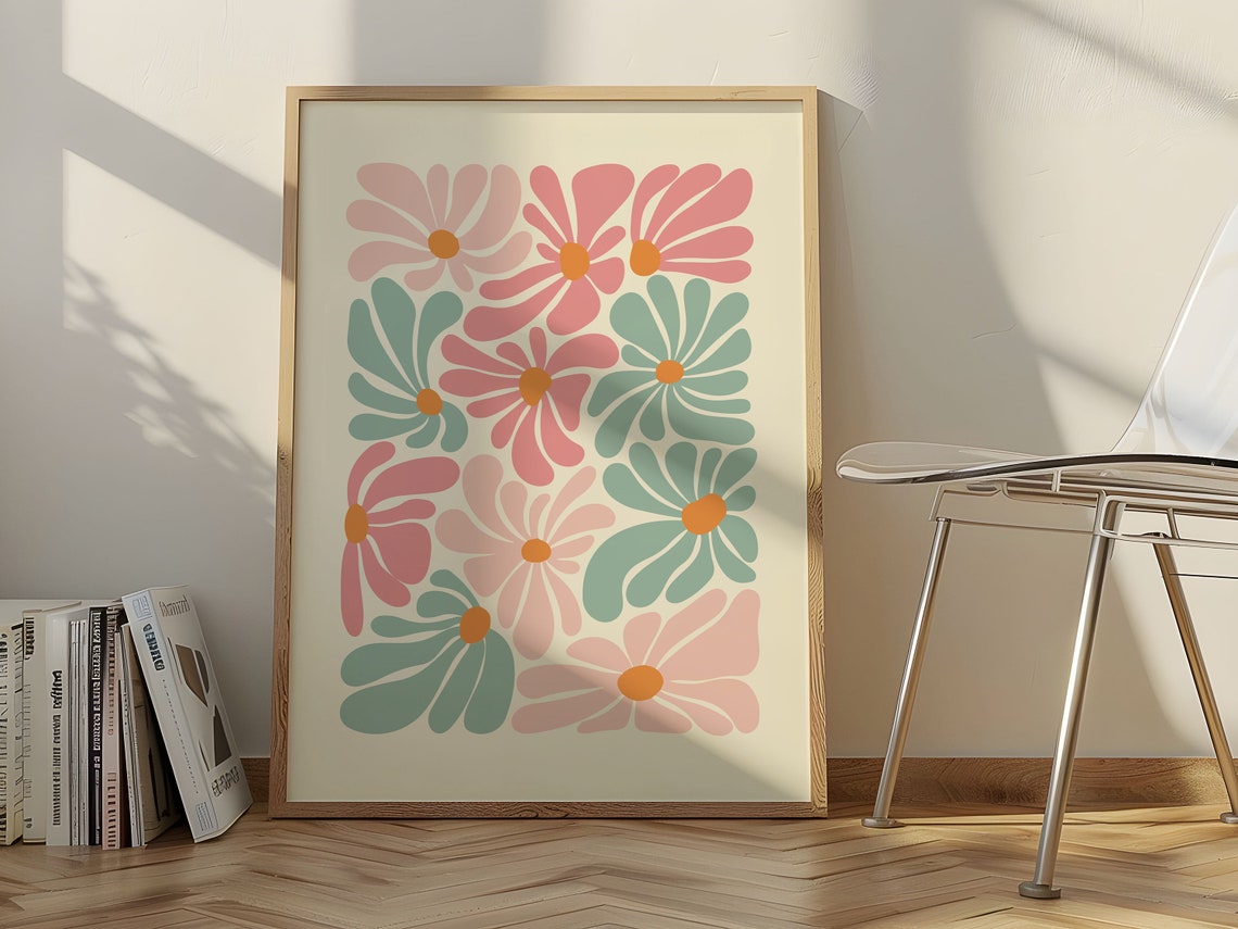 Pink Mint Abstract Flowers Retro Floral Colorful Wall Decor Poster