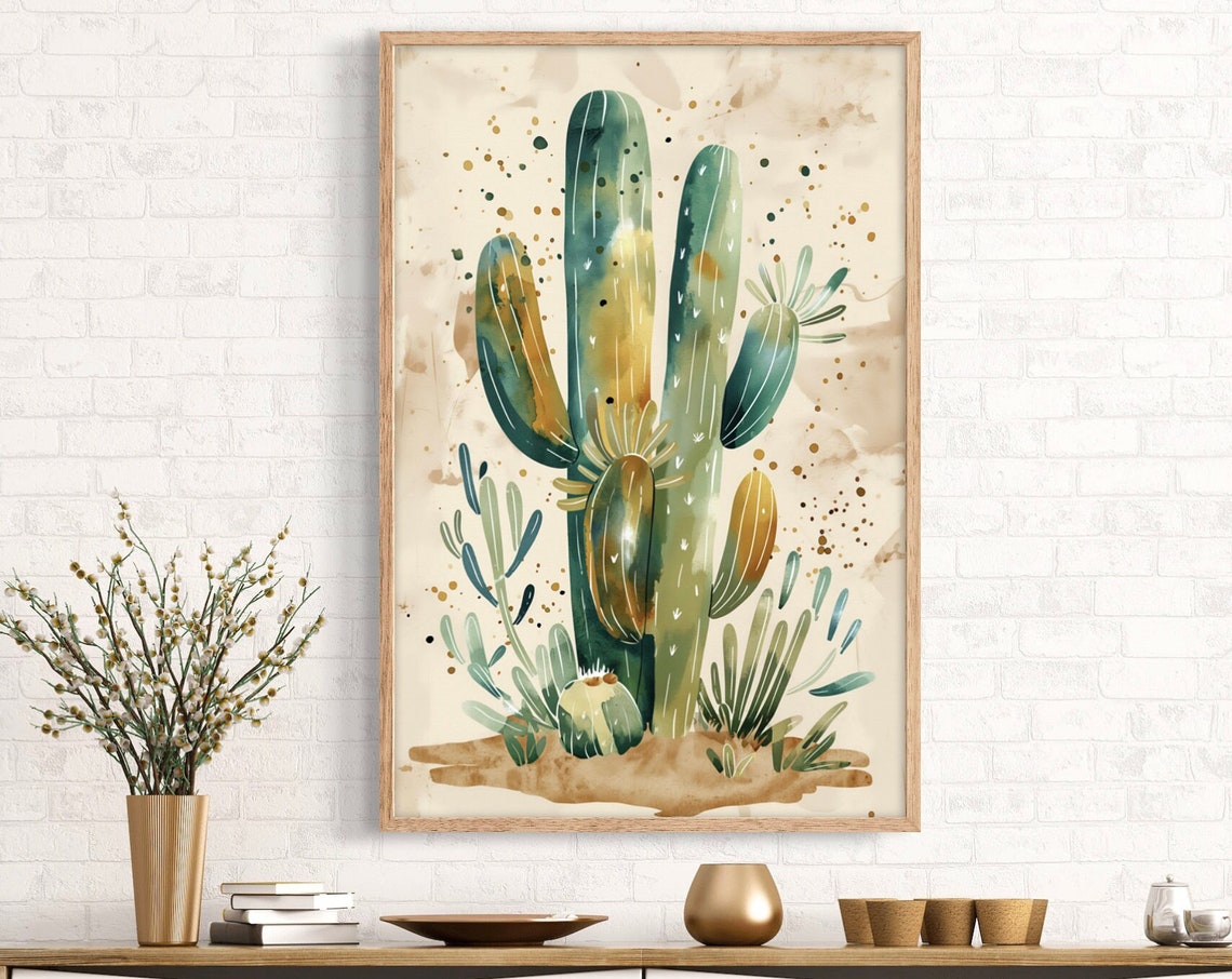 Sage Green Watercolor Saguaro Cactus Minimalist Botanical Print