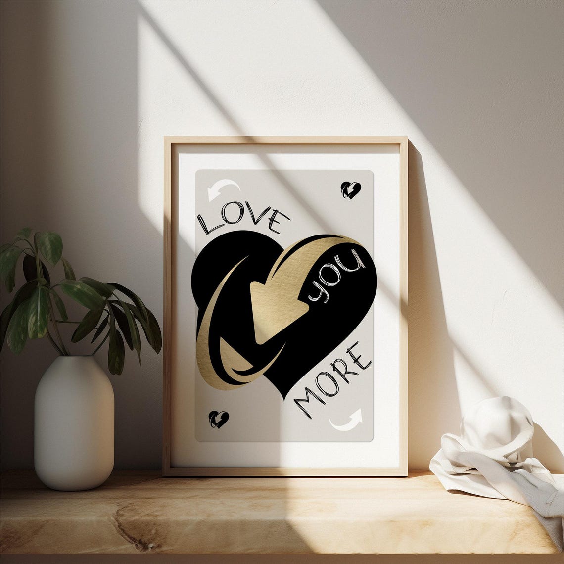 Love You More Black and Gold Heart Romantic Script Quote Poster