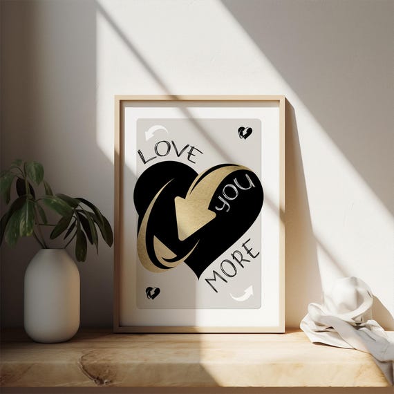 Love You More Print Retro Wall Art Cute Apartment Decor Trendy Playing Card Poster Gold Home