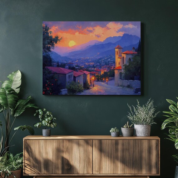 Dreamy Mediterranean Coastal Village At Dusk Painting Wall Art