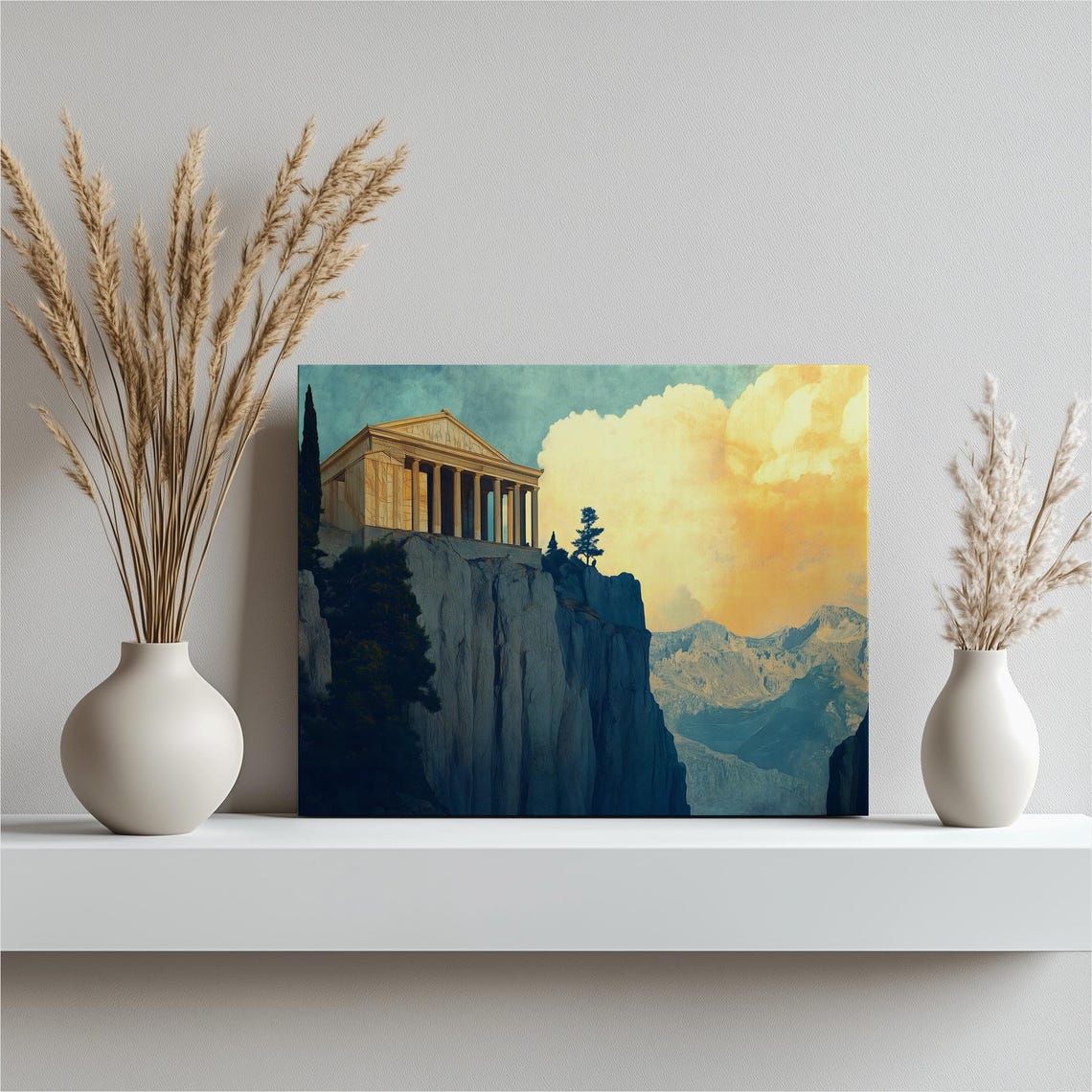 Ancient Greek Temple Cliffside Sunset Golden Clouds Mountains Wall Art