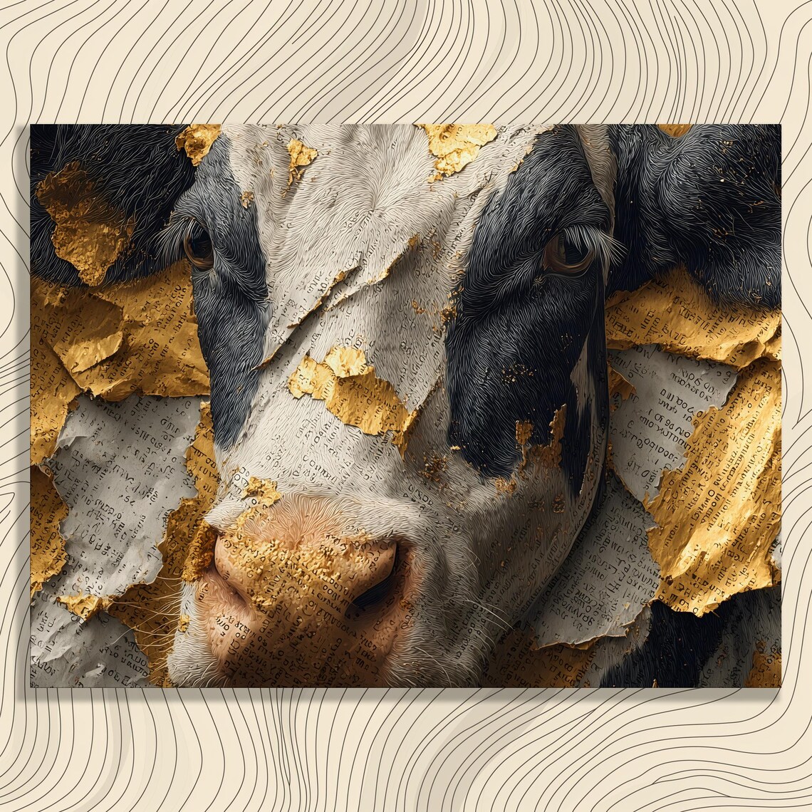 Cow Face Torn Paper Gold Leaf Mixed Media Rustic Farmhouse Poster