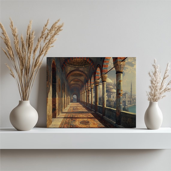 Blue Gold Mosque Corridor Arches Oil Painting Interior Poster