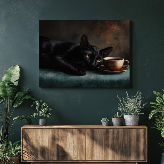 Black Cat Coffee Canvas Wall Art Moody Photoreal Feline Portrait With Cup Saucer Teal Table Accent Contemporary Dark Artwork Gift