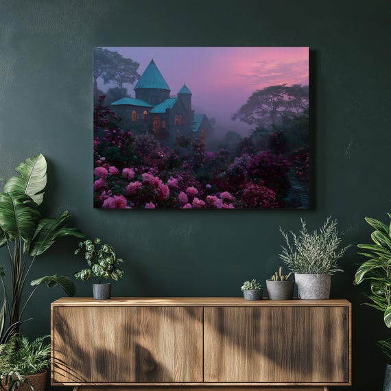 Rose Garden Castle Canvas Wall Art Colorful Pink Roses Misty Landscape Sunset Sky Gothic Medieval Fantasy Floral Decor Print