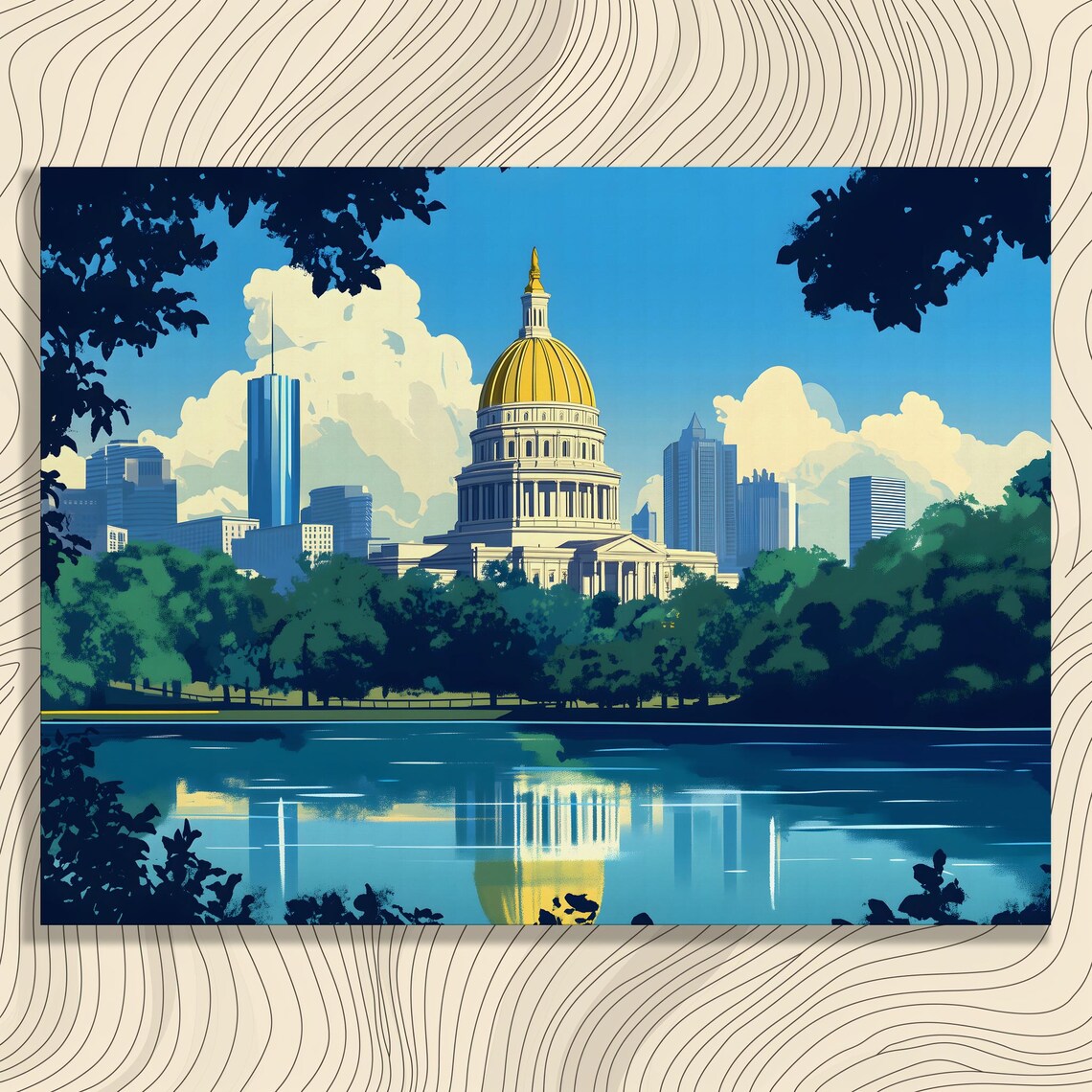 Golden Dome Capitol Cityscape Lakeside Reflection Art Poster