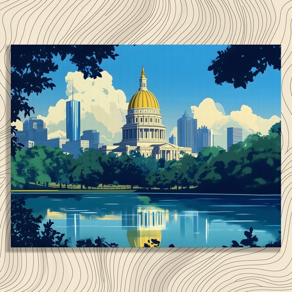 Cityscape Canvas Wall Art Landscape Painting Print With Historic Buildings Water Reflection Gold Dome Midcentury Modern Decor