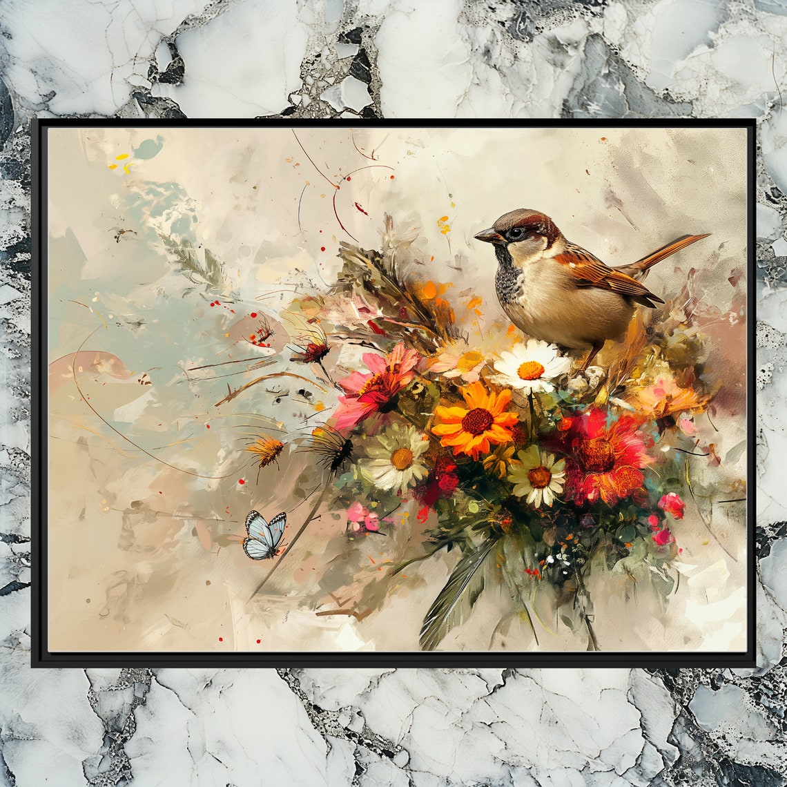 House Sparrow Wildflower Meadow Butterfly Painterly Bird Poster