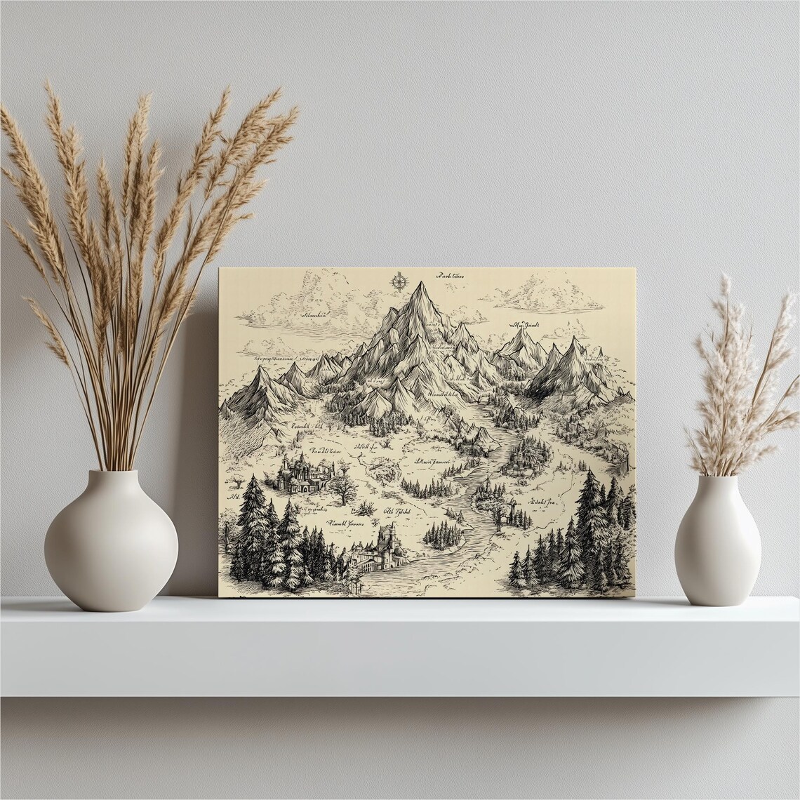 Fantasy Map Vintage Canvas Wall Art Hand Drawn Antique Parchment Style Mountain Range Rivers Castles Compass Rose Medieval Print