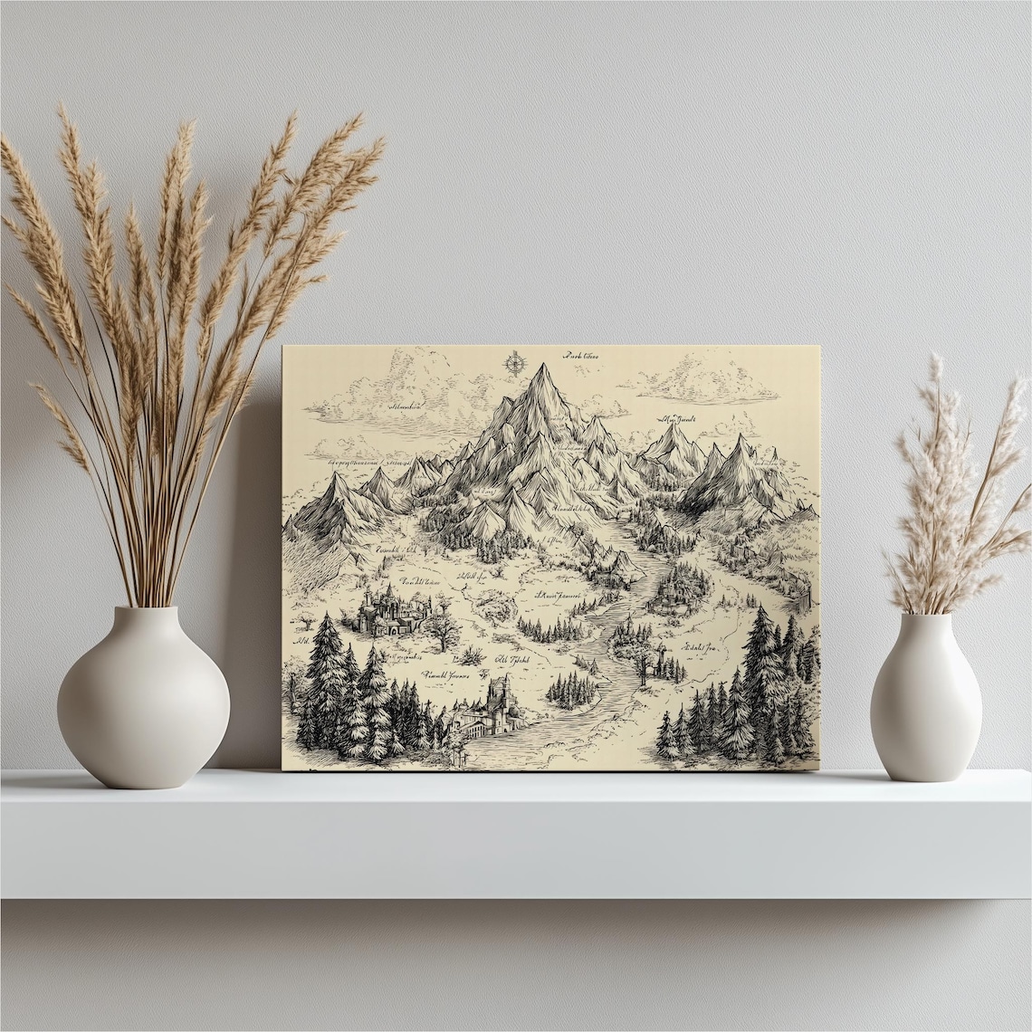 Vintage Fantasy Map Hand Drawn Mountain Kingdoms Antique Poster