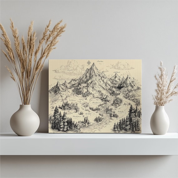Fantasy Map Vintage Canvas Wall Art Hand Drawn Antique Parchment Style Mountain Range Rivers Castles Compass Rose Medieval Print