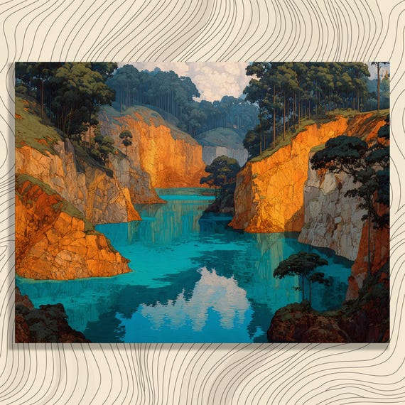 Colorful Canyon Lake Canvas Wall Art Turquoise Lagoon Reflective Water Contemporary Landscape Decor Forest Cliffs Blue Tones Print