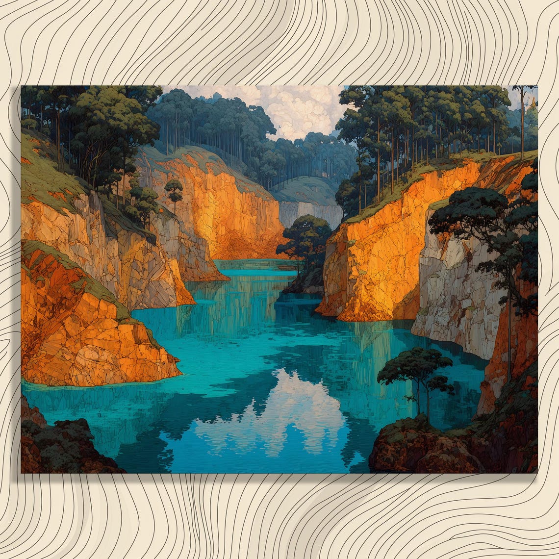 Turquoise Canyon Lake Orange Cliffs Pine Trees Nature Landscape Poster