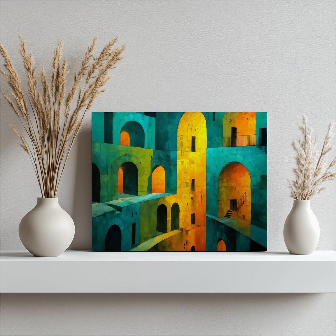 Ancient Roman Amphitheater Teal And Gold Glowing Arches Poster