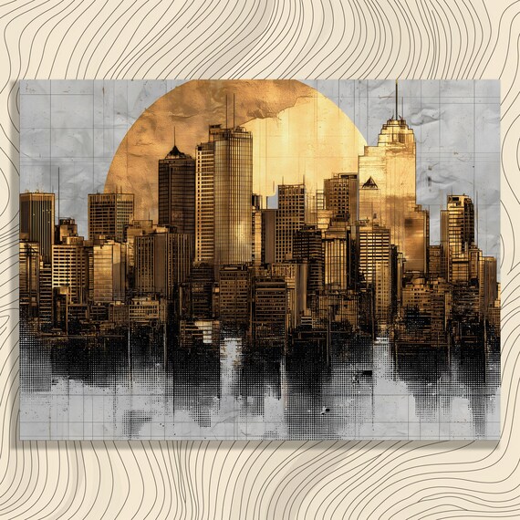 Gold City Skyline Canvas Wall Art Modern Urban Cityscape Print Golden Sun Reflection Contemporary Decor Black And Skyscraper