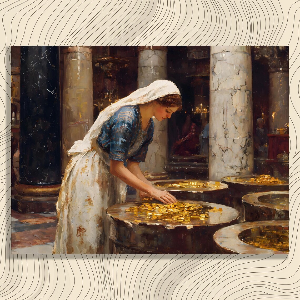 Woman Gathering Gold Coins Marble Hall Classical Oil Painting Poster