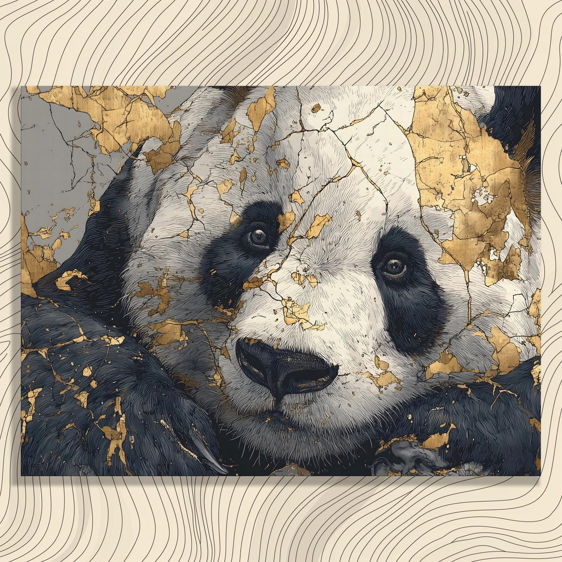 Giant Panda Portrait with Gold Kintsugi Cracks Modern Wall Art