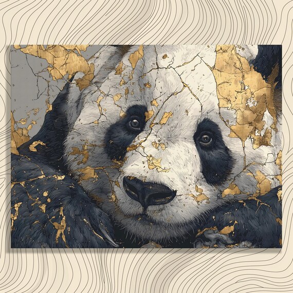 Panda Kintsugi Modern Canvas Wall Art Giant Portrait With Gold Accents Monochrome Contemporary Wildlife Print Gift For Nature Lovers