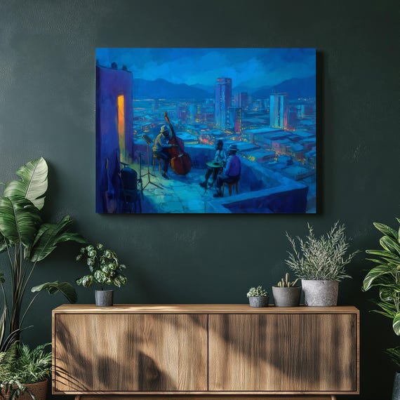 Rooftop Jazz Trio Canvas Wall Art Night City Skyline Print Urban Decor Modern Music Painting Blue Lights Gift For Lovers
