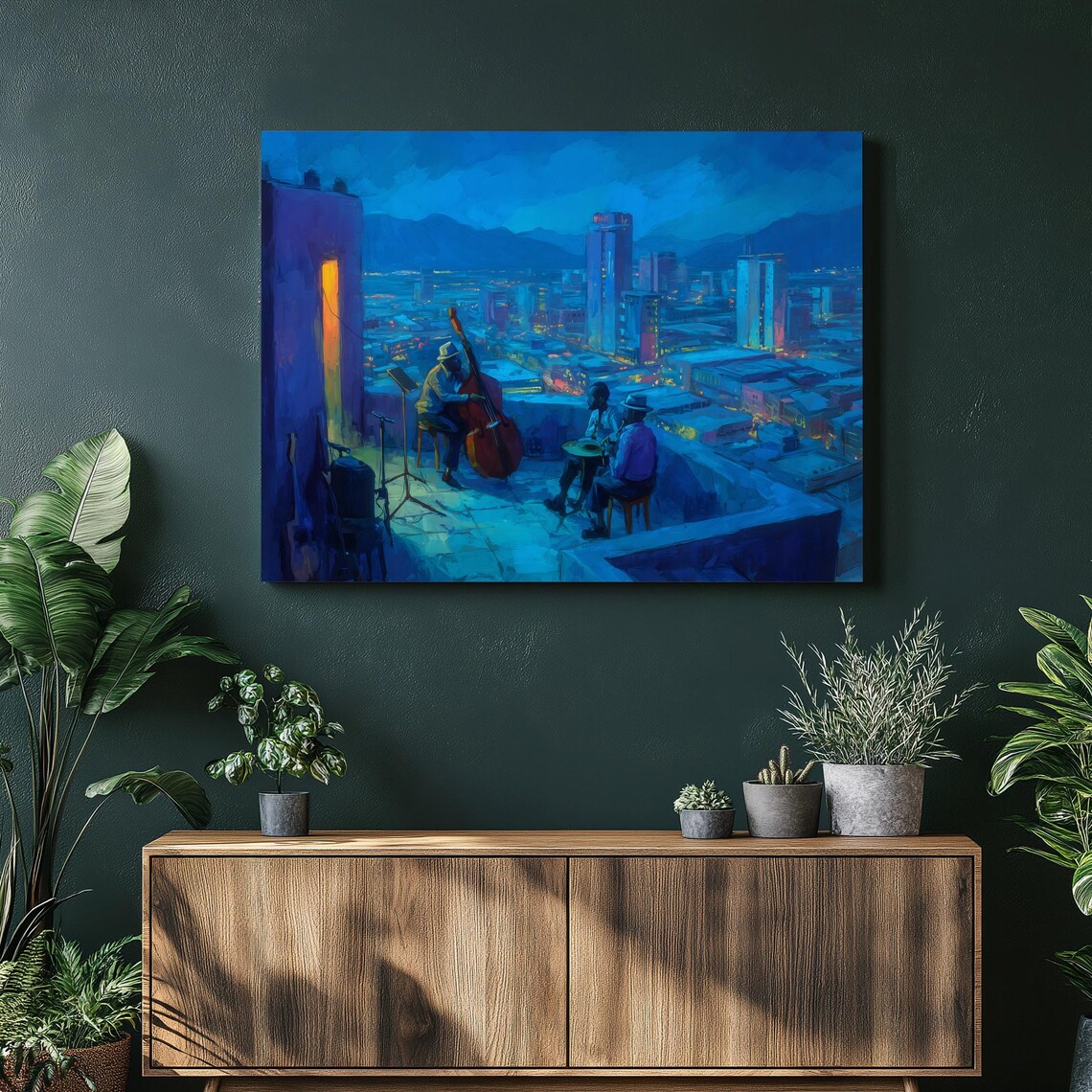 Rooftop Jazz Trio Night City Skyline Oil Painting Art Poster
