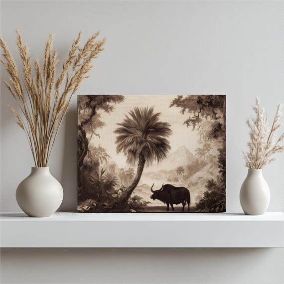 Majestic Buffalo Canvas Wall Art Vintage Engraving Print Tropical Jungle Scene Nature Illustration Wildlife Decor Rustic