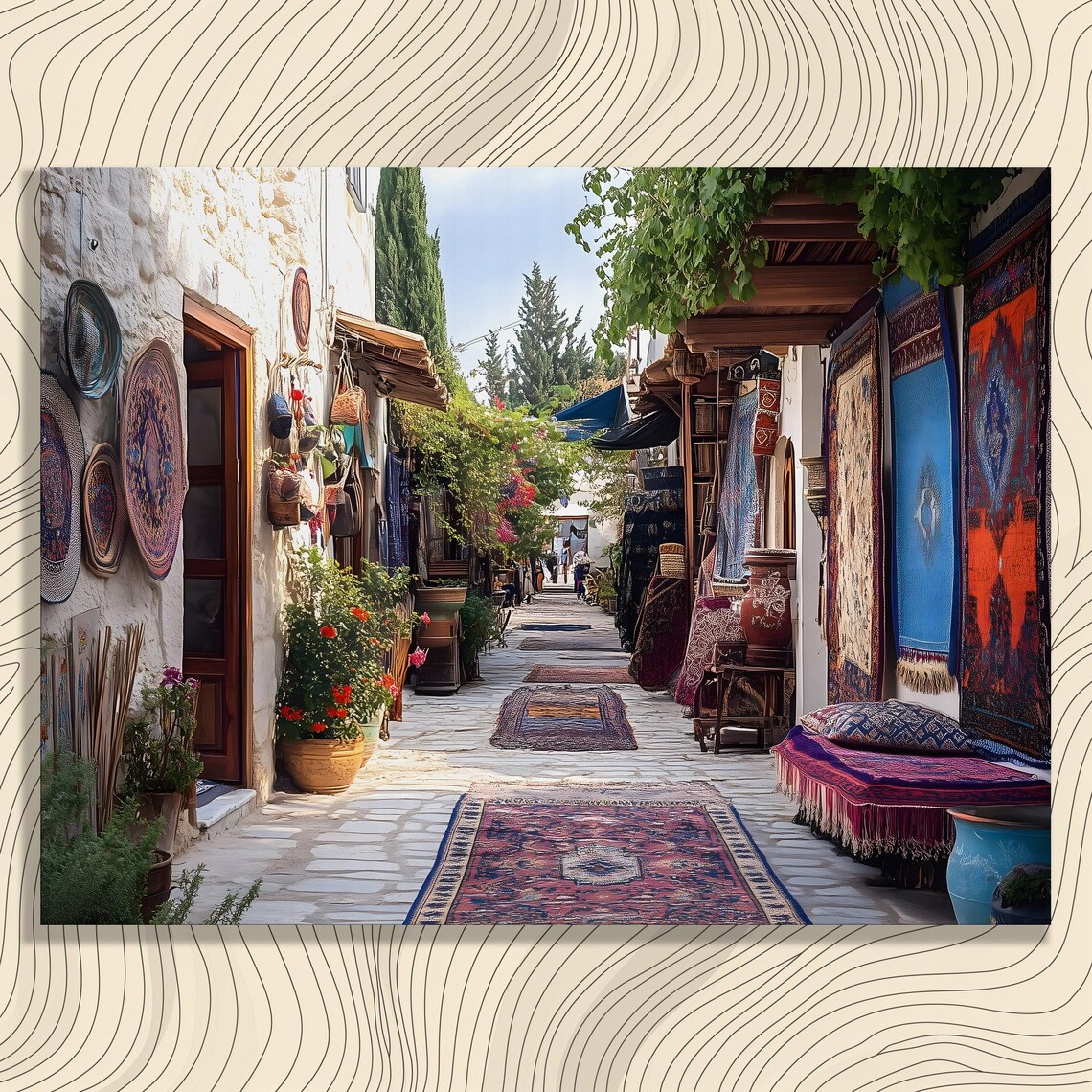Colorful Market Alley Rug Shops Bohemian Street Scene Poster