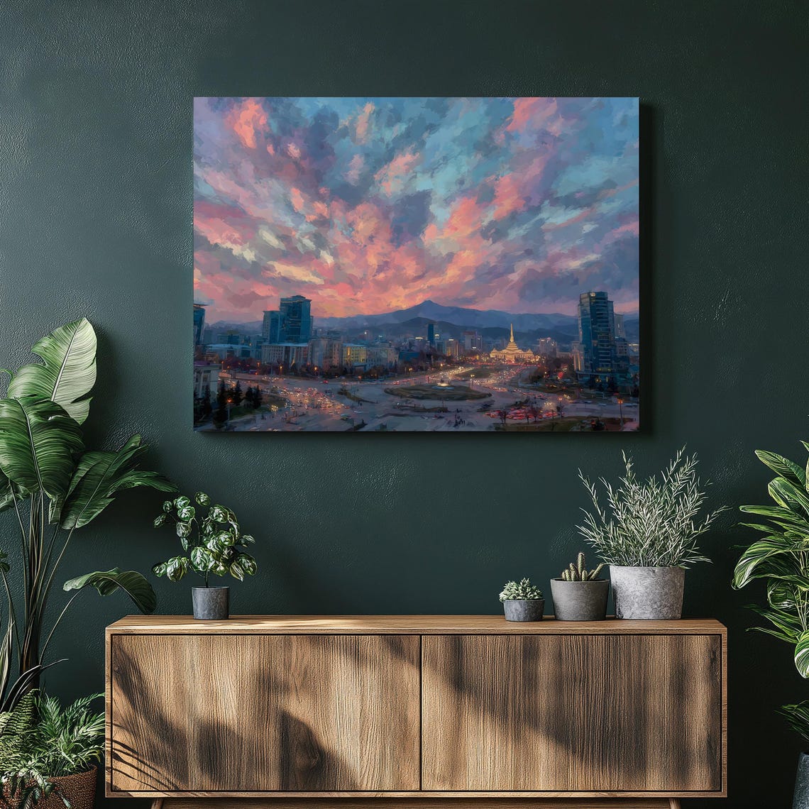 Modern City Skyline Dusk Pink Clouds Mountain Backdrop Art Poster