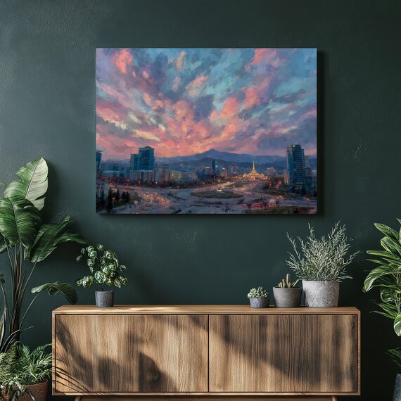 Vibrant City Sunset Canvas Wall Art Modern Skyline Impressionist Painting
