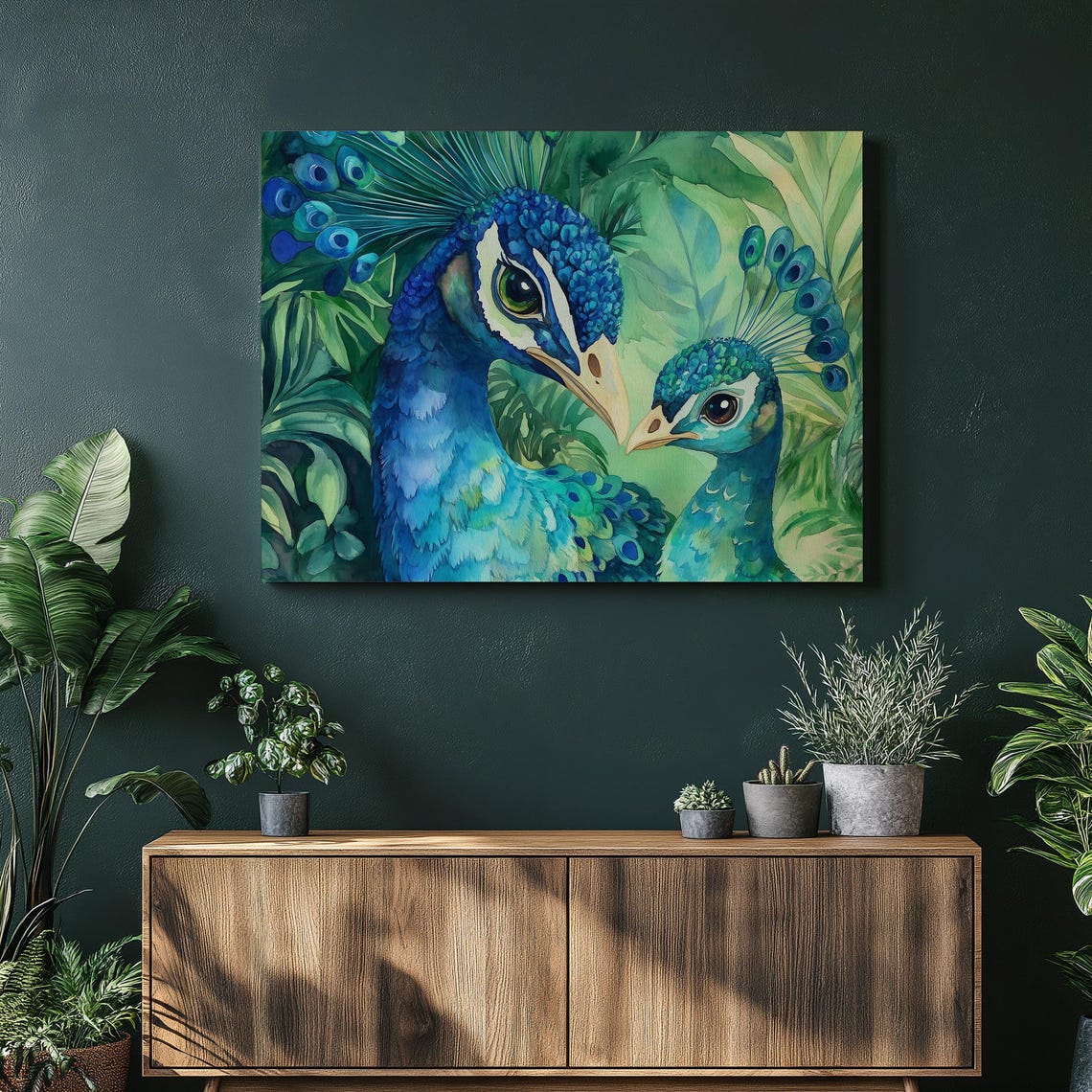 Vibrant Watercolor Peacock Pair in Tropical Foliage Bird Art Poster