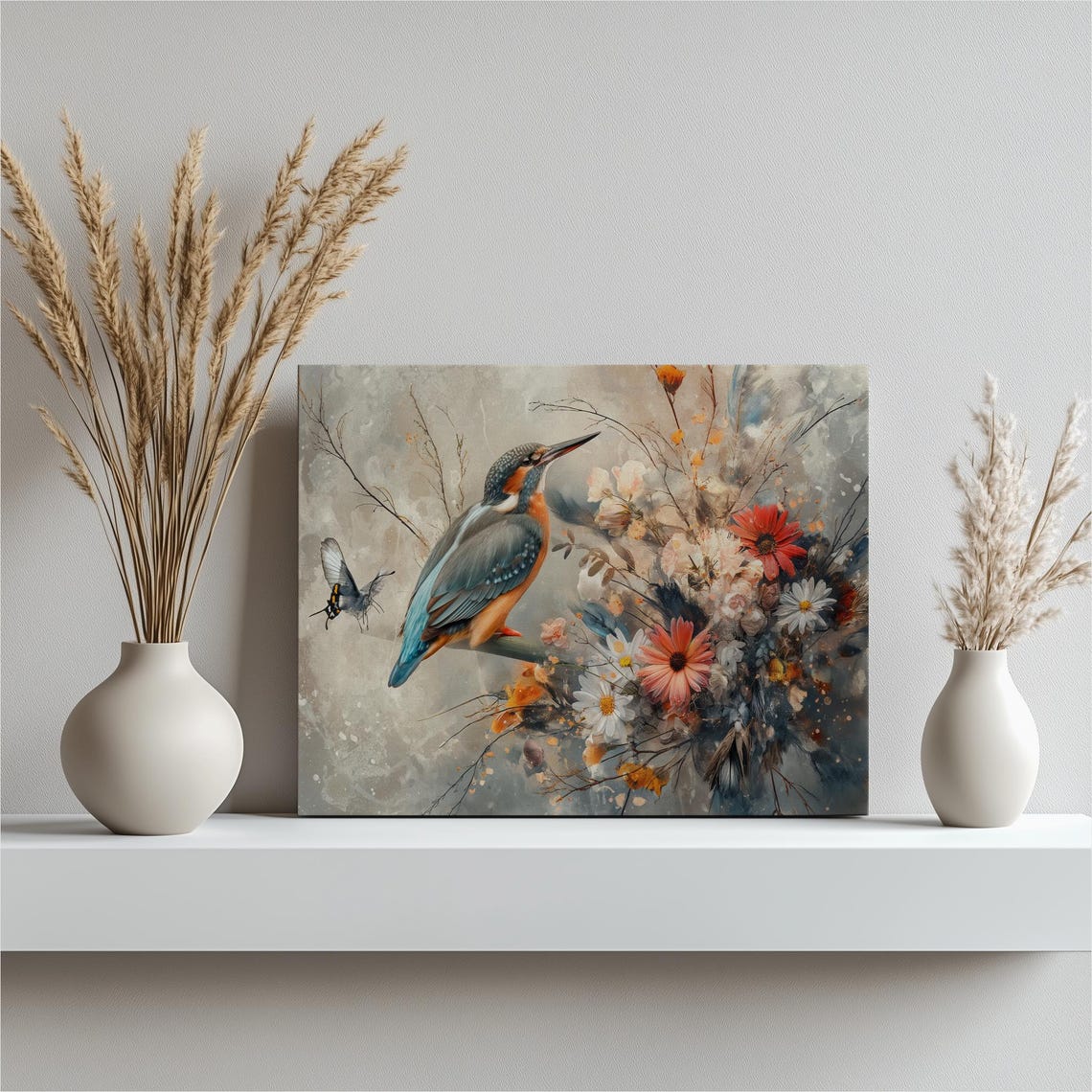 Kingfisher Among Wildflowers Painterly Bird Floral Canvas Poster