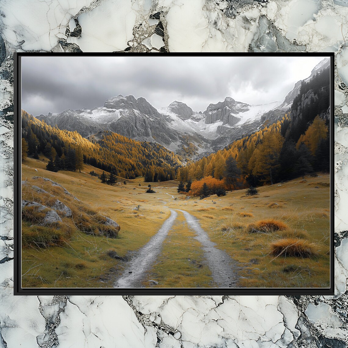 Golden Alpine Autumn Valley Snowcapped Peaks Mountain Poster