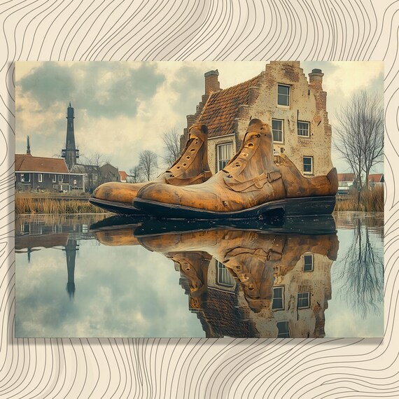 Surreal Wooden Shoe Canvas Wall Art Dreamlike Fantasy Water Reflection Landscape Abstract Decor Painting Print Gift Imaginative Home