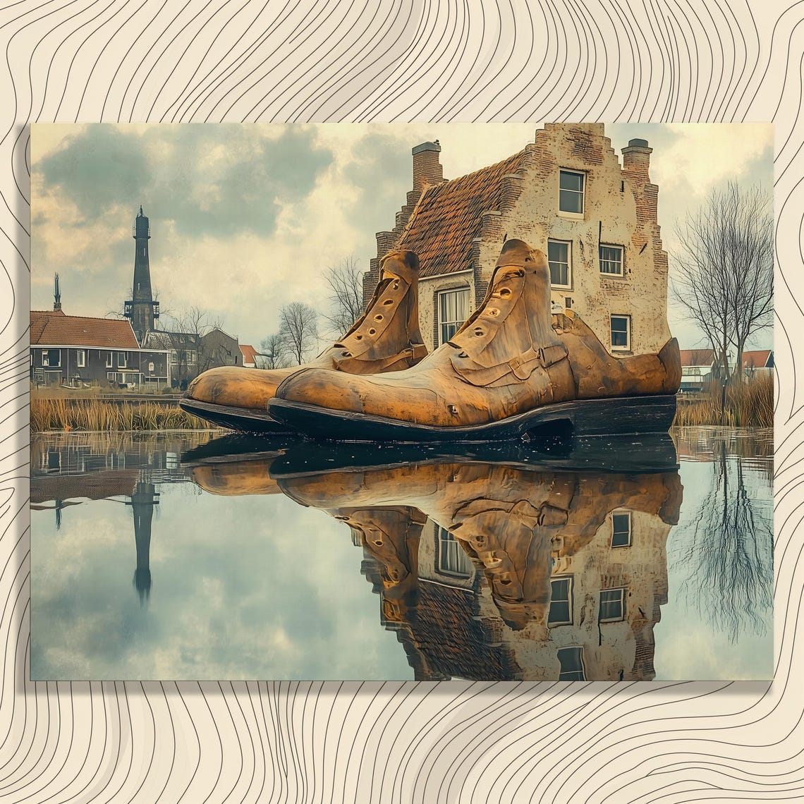 Giant Wooden Boots Dutch House Water Reflection Surreal Fantasy Poster