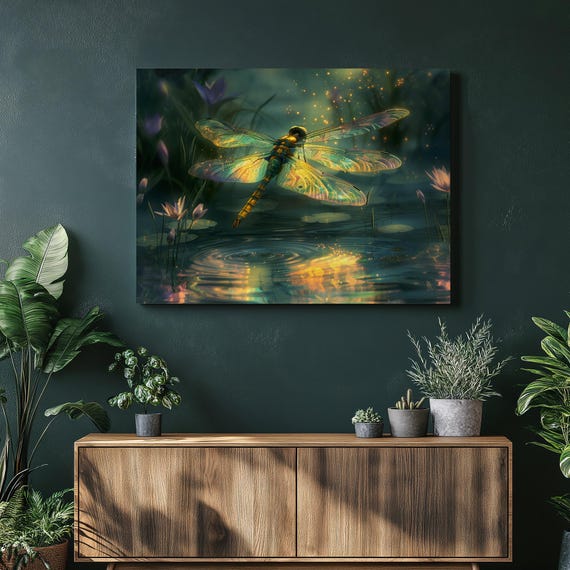 Iridescent Dragonfly Pond Canvas Wall Art Enchanted Night Nature Print With Glowing Wings Water Lilies And Ripples For Calm Decor