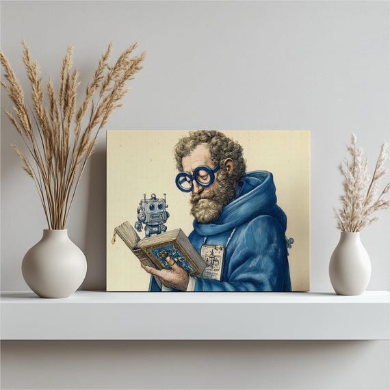 Monk Robot Canvas Wall Art Medieval Scholar Print Book Reader Decor Steampunk Robotic Study Vintage Bookworm Illustration Poster