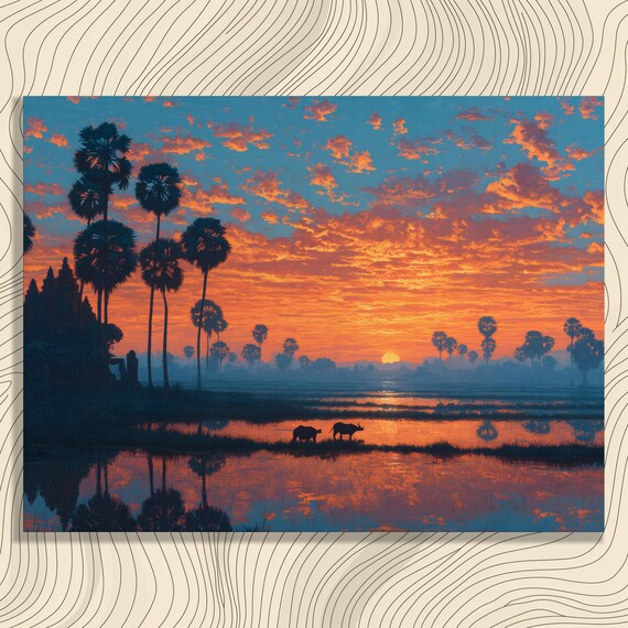 Colorful Sunset Canvas Wall Art Tropical Landscape Palm Tree Silhouettes Water Buffalo Rice Field Reflections Temple Ruins Nature Decor