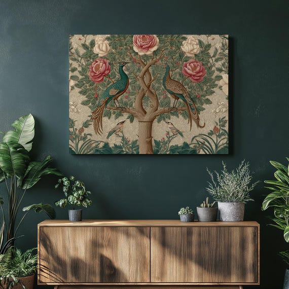 Peacock Botanical Canvas Wall Art Vintage Floral Print Nature Decor Painting With Roses Vines And Garden Birds In Arts Crafts Style