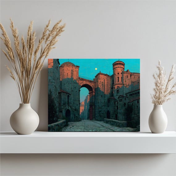 Medieval Fortress Gate Canvas Wall Art Sunlit Stone Archway Ancient Architecture Print Cobblestone Lane Towers Domed Structure