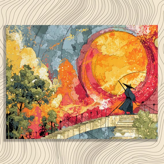 Vibrant Abstract Landscape Canvas Wall Art Bridge Painting Fantasy Surrealist Cosmos Artwork Forest Path Journey