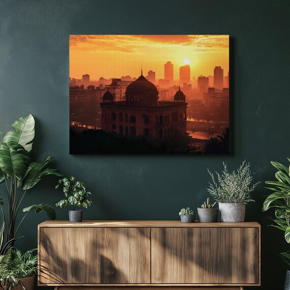 Sunset City Skyline Canvas Wall Art Urban Silhouette Orange Sunrise Cityscape Architectural Print Modern Decor Domed Building