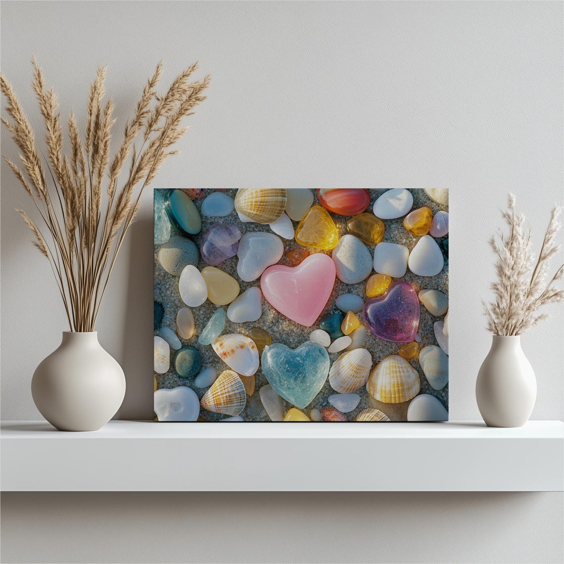Heart Stones Beach Poster Colorful Heart Shaped Stones and Shells Art