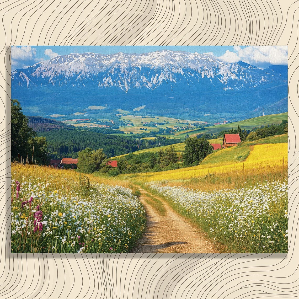 Alpine Wildflower Meadow Red Barns Snow Peaks Summer Valley Poster