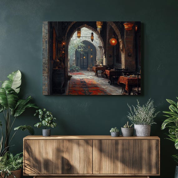 Azerbaijan Canvas Wall Art Traditional Baku Tea Houses Painting Decor Vibrant Caspian Sea Scenery Illustration Home Or Office