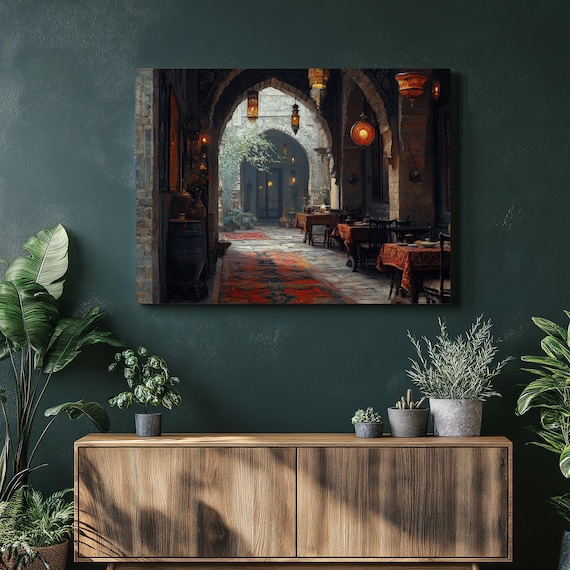 Moroccan Courtyard Arches Lanterns Moody Interior Painting Poster